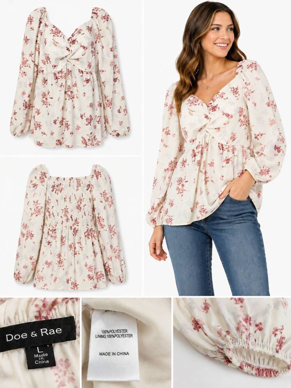 Doe & Rae L Floral Twist Front Smocked Peplum Blouse